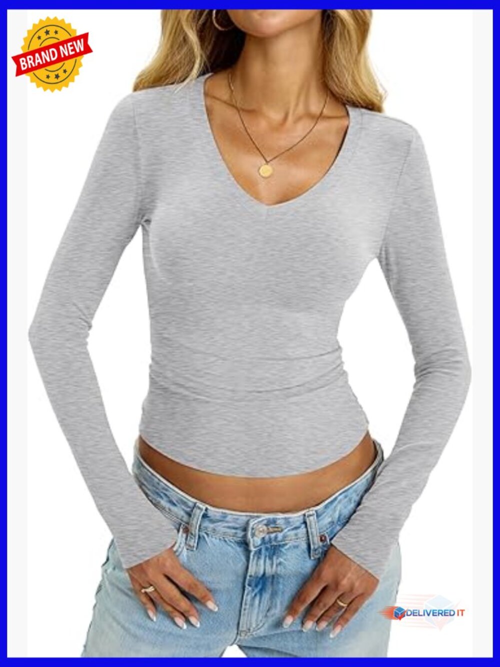 Womens V Neck Long Sleeve Fitted Tee Cotton Stretch Basic Tops